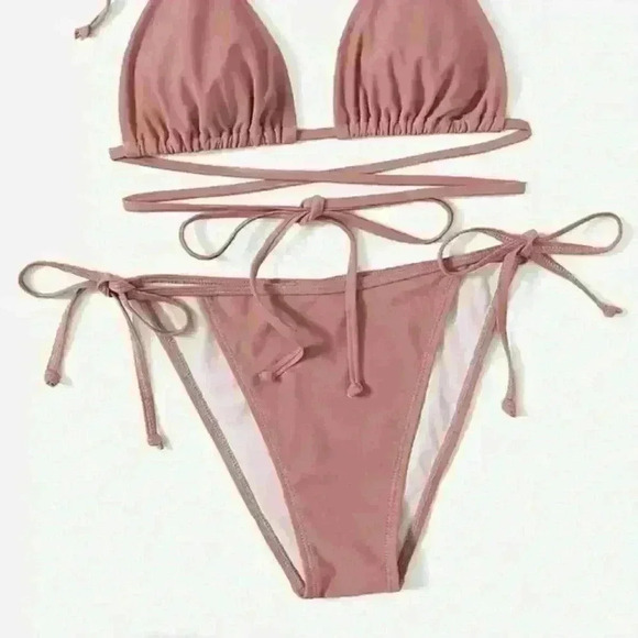 NWT Solid Rose Pink Ruched Double Wrap Triangle Tie Bikini SET - Picture 9 of 11